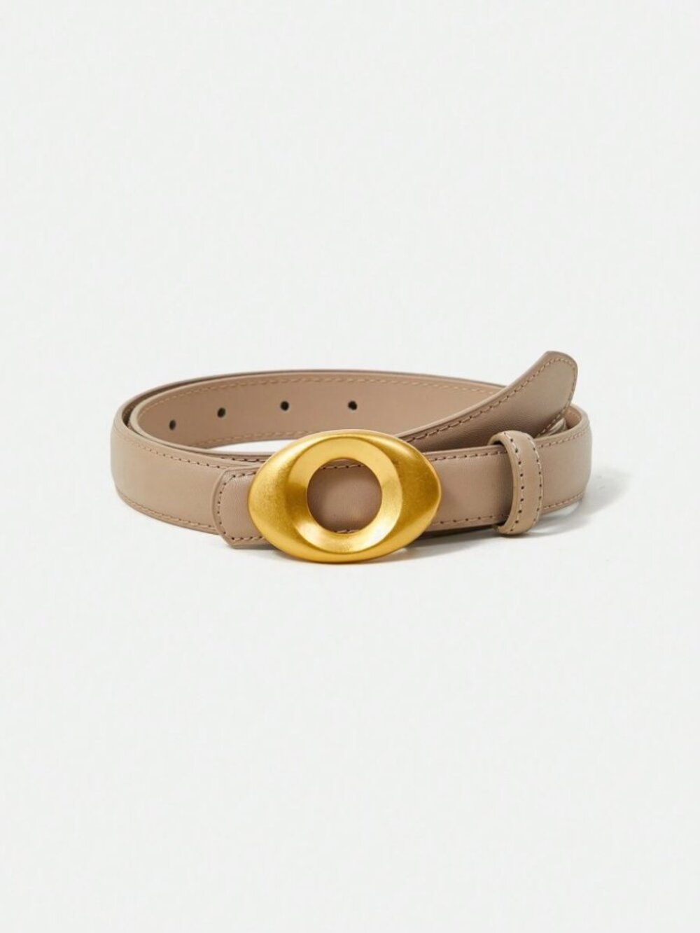 Tan Skinny Vegan Leather Belt with Oval Gold Buckle